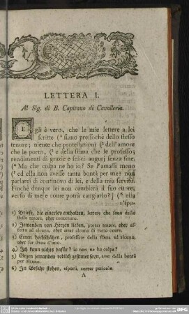 Lettera I. Al Sig. di B. Capitano di Cavalleria