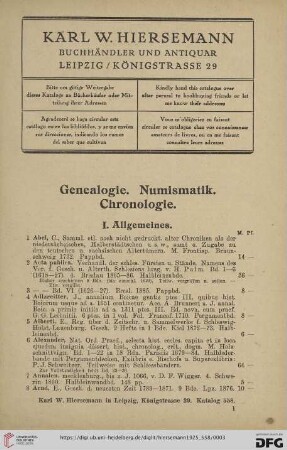 Genealogie. Numismatik. Chronologie (Nr. 1 - 1245)
