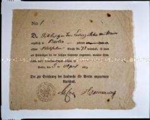 Bescheinigung für den Gutsbesitzer Ludwig Achim von Arnim über seinen Eintritt in die Landwehr