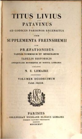 Titus Livius Patavinus, Vol. 12 : Pars 1/2. [De Livio. Index]