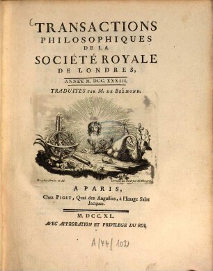 Transactions philosophiques de la Société Royale de Londres. 1733