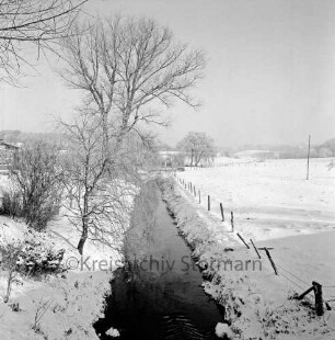 Heilsau (Abschnitt Mühlenau): am Kalkgraben, bei Hamburger Chaussee: daneben Zaun, Bäume: im Hintergrund verschneite Landschaft: im Winter