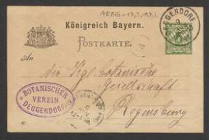 Brief von Gottfried Eigner an Regensburgische Botanische Gesellschaft