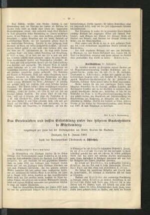 Beil. 1. zur 1. Versammlung. Das Vereinsleben und dessen Entwicklung unter den höheren Bautechnikern in Württemberg vorgetragen zur Feier des 40. Stiftungsfestes des Württ. Vereins für Baukunde. Stuttgart, den 6. Januar 1883 durch den Vereinsvorstand Oberbaurath v. Schlierholz