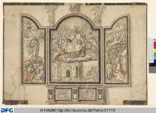 Die Erlösung des Menschengeschlechts (links: Himmelfahrt Christi; Mitte: Gottvater im Himmel thronend; rechts: Taufe Christi; Altaraufsatz: Pietà zwischen zwei Engeln mit Leidenswerkzeugen; Predella links: Evangelist Matthäus; Predella rechts: Evangelist Johannes