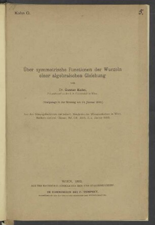 Über symetrische Functionen der Wurzeln einer algebraischen Gleichung