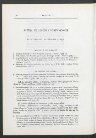 Noticia de algunas publicaciones ecuatorianas anteriores a 1792