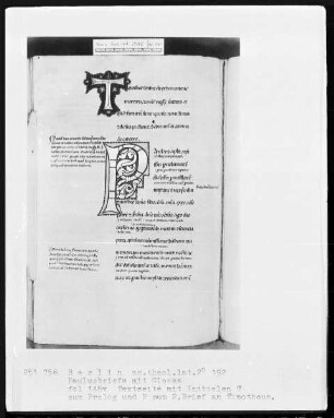 Paulusbriefe mit Glossen — Initialen T (imotheo) und P (aulus), Folio 148verso