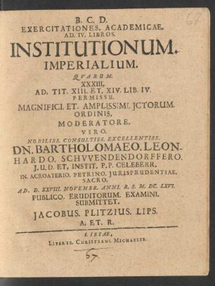 Exercitationes. Academicae. Ad. IV. Libros. Institutionum. Imperialium