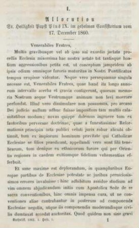 1-8 Allocution Sr. Heiligkeit Papst Pius IX. im geheimen Consistorium vom 17. December 1860