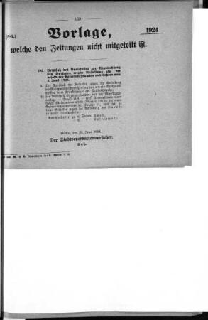 Anlage: (281), Vorlage, welche den Zeitungen nicht mitgeteilt ist, 20. Juni 1924