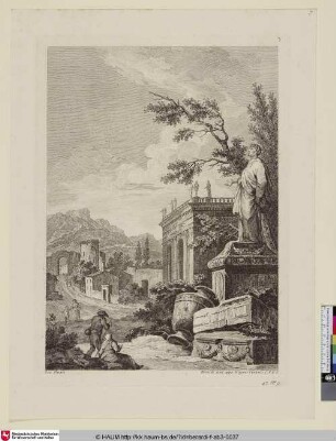 [Berglandschaft mit verfallener Festung und Tempel, im Vordergrund eine antike Statue und Spolien]