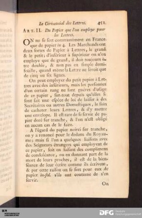 Art. II. Du Papier que l'on employe pour les Lettres.