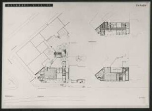 Bankhaus Nicolai, Hannover Wettbewerb: Vorschlag 1 / Grundrisse Kellergeschoss, Erdgeschoss, 1. Obergeschoss