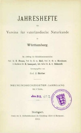 Bd. 69, 1913: Jahreshefte des Vereins für Vaterländische Naturkunde in Württemberg : zugl. Jahrbuch d. Staatlichen Museums für Naturkunde in Stuttgart