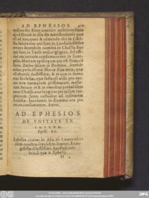 Ad Ephesios De Unitate Ex Smyrna. Epist. XI. ...