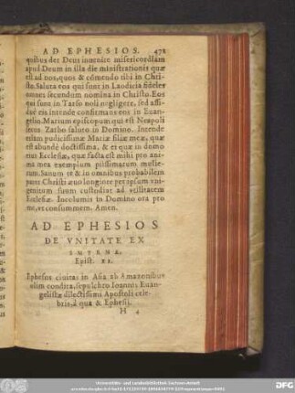 Ad Ephesios De Unitate Ex Smyrna. Epist. XI. ...