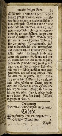 Ordnung Derer in diesem Büchlein enthaltenen Gebete: