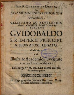 Ira et clementia Dianae in Agamemnone et Iphigenia demonstrata