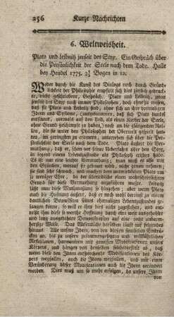 Plato und Leibnitz jenseit des Styx. Ein Gespräch über die Persönlichkeit der Seele nach dem Tod.
