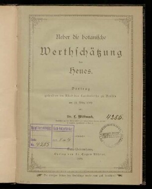 Über die botanische Werthschätzung des Heues : Vortrag gehalten im Klub der Landwirthe zu Berlin am 19. März 1889