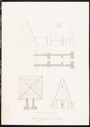 Königs-Pyramide, Meroe: wie Inv.Nr. 44848 und 44849,1: Längsschnitt und Grundriss des Vorbaus, Aufriss Kapitell, Grundriss und Aufriss der Gesamtanlage, Maßstabsleiste