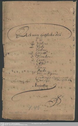 Ach mein herzliebes Jesulein mach dir ein rein sanft Bettelein - Mus.1825-E-502 : V (5), Coro, orch, bc