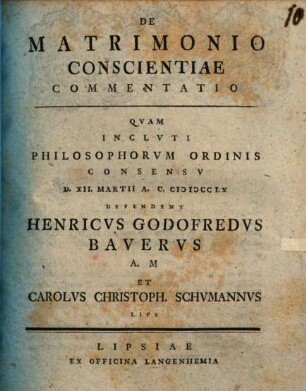 De matrimonio conscientiae commentatio