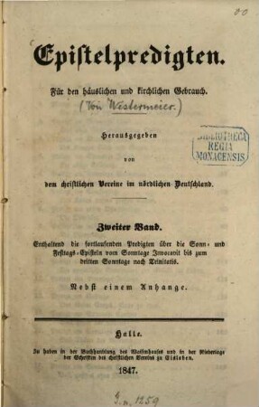 Epistelpredigten : Für den häuslichen und kirchlichen Gebrauch. Hrsg. von dem christlichen Vereine im nördlichen Deutschland. 2