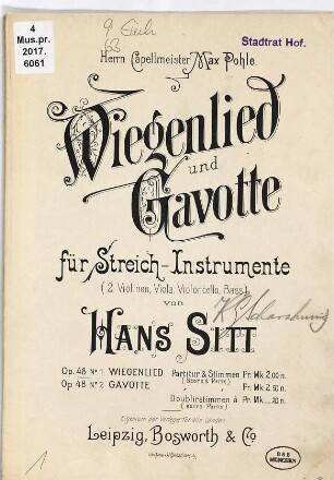 Wiegenlied und Gavotte : für Streichinstrumente (2 Violinen, Viola, Violoncello, Bass) : op. 48, No. 1. Wiegenlied