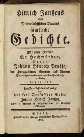 Hinrich Janßens eines Niedersächsischen Bauers sämtliche Gedichte