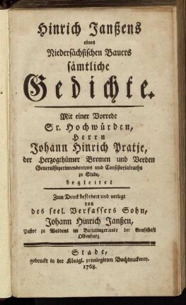 Hinrich Janßens eines Niedersächsischen Bauers sämtliche Gedichte