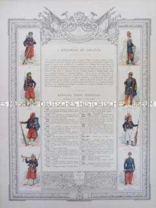 Uniformdarstellung, Uniformen von Soldaten des 3. Zuaven-Regiments und Zeittafel von Schlachten und Belagerungen mit Beteiligung dieses Regiments bzw. seiner Vorläufer, Frankreich, 1830-1885.
