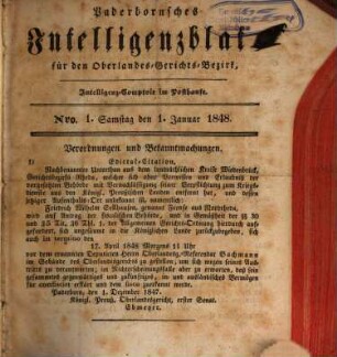 Paderbornsches Intelligenzblatt : für den Appellationsgerichts-Bezirk. 1848, 1848