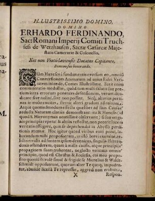 Illustrissimo Domino ... Erhardo Ferdinado, Sac: Romani Imperii Comiti Truchsess de Wetzhausen ...