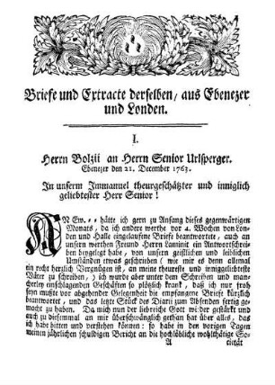 I. Herrn Bolzii an Herrn Senior Urlsperger.
