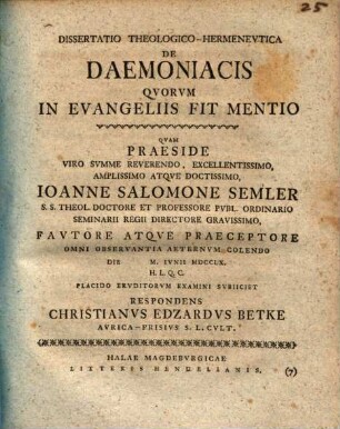 Diss. theol. herm. de daemoniacis, quorum in evangeliis fit mentio