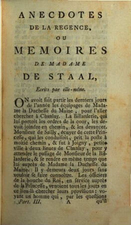 Mémoires De Madame De Staal, Éscrits Par Elle-Même. Ou Anecdotes De La Règence, Troisieme Partie