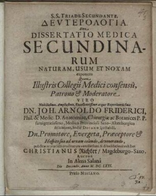 S.S. Triade Secundante, Deuterologia. Sive Dissertatio Medica Secundinarum Naturam, Usum et Noxam exponens