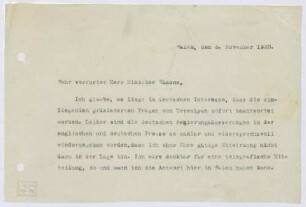 Schreiben von Prinz Max von Baden an Walter Simons; Dringende Beantwortung der Fragen von Charles Trevelyan