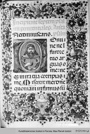 Officium Beata Mariae Virginis : Textseite mit Randbordüre und historisierter Initiale D mit König David