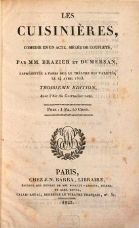 Les Cuisinières : comédie en un acte, mêlée de couplets