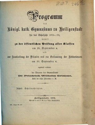 Programm des Königl. Kath. Gymnasiums zu Heiligenstadt : für das Jahr ..., 1875/76