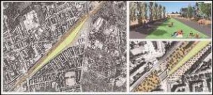 Identifikation stärken, Berlin-Pankow Schinkelwettbewerb 2004: Lagepläne (Luftbilder) 1:2000, 1:500, perspektivische Ansicht (Modellmontage)