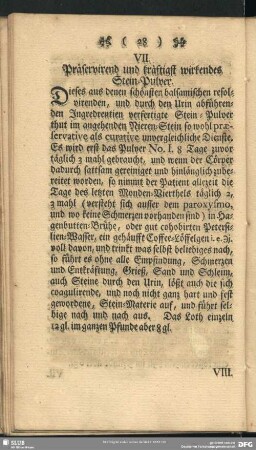 VII. Präservirend und kräftigst wirkendes Stein-Pulver