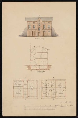 Chemische Fabrik »Kanne« (Kunheim & Co.), Berlin-Niederschöneweide Pförtnerhaus: Wohnhaus des Pförtners mit Stallung und Remise: Grundriss EG, 1.OG, Schnitt AB