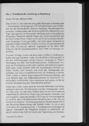 Themenheft 1. Norddeutscher Archivtag, 20. bis 21. Juni 2000 in Hamburg : Heft 4