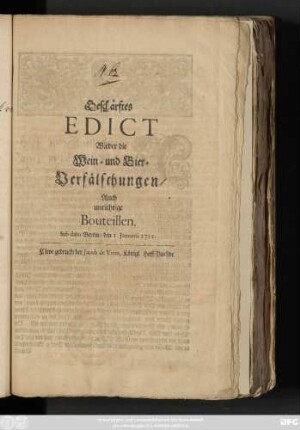 Geschärfftes Edict Wieder die Wein- und Bier-Verfälschungen, Auch unrichtige Bouteillen : Sub dato Berlin, den 1. Januarii 1722.