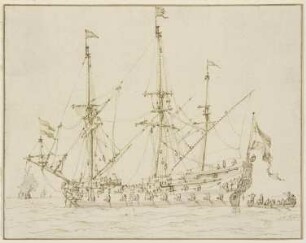 Ein Kriegsschiff mit herabgelassenen Segeln