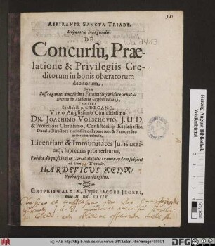 Disputatio Inauguralis, De Concursu, Praelatione & Privilegiis Creditorum in bonis obaeratorum debitorum